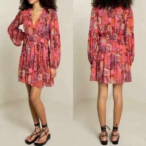 A.L.C.  Elise Long Sleeve Silk Mini Dress in Pink/Russet Multi - 4 - Picture 1 of 15